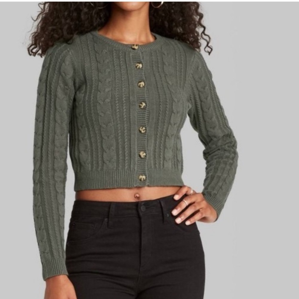 Wild Fable Cypress Green Cropped Cable Knit Button Cardigan Sweater Medium